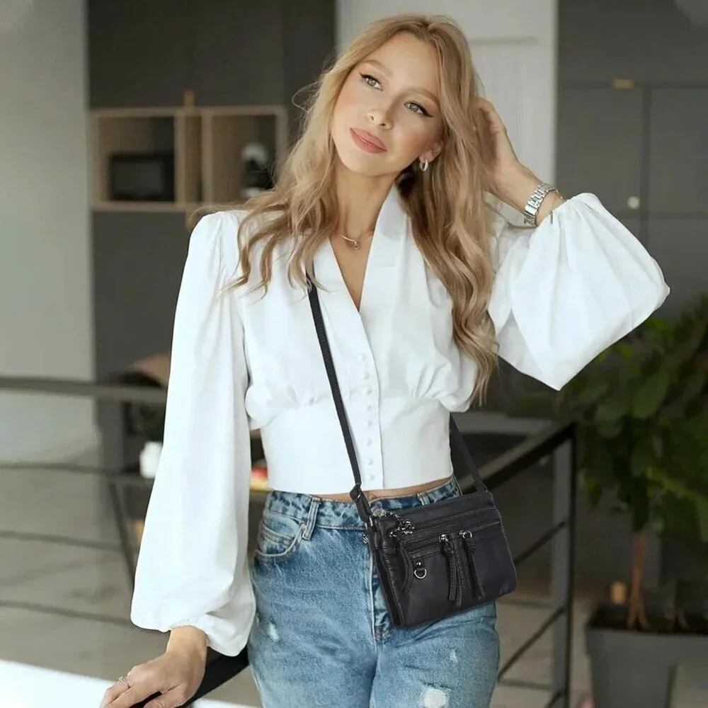 Leather Crossbody Bag Women Small Multi-Pocket Zipper Shoulder Purse